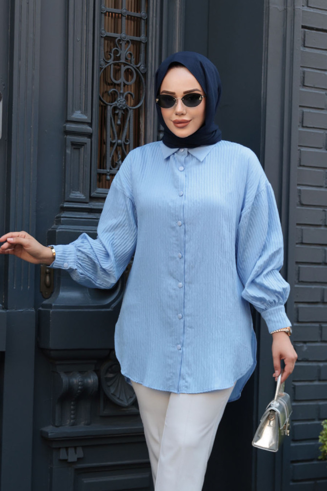 Çizgili Bebek Mavisi Tesettür Tunik 101024BM - NEVA STYLE