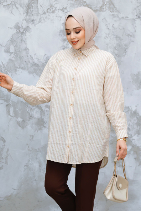 Çizgili Bej Tesettür Gömlek 52291BEJ - NEVA STYLE