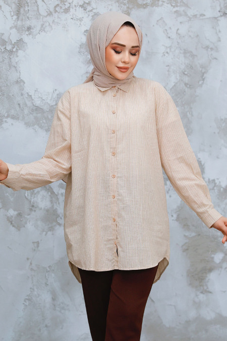 Çizgili Bej Tesettür Gömlek 52292BEJ - NEVA STYLE