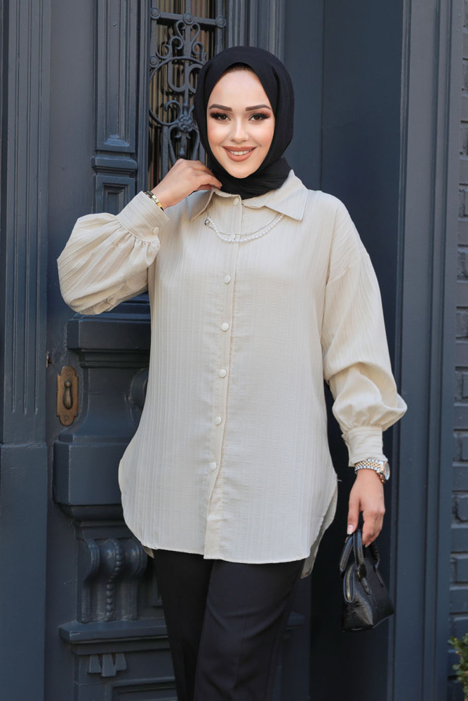 Çizgili Bej Tesettür Tunik 11905BEJ - 1