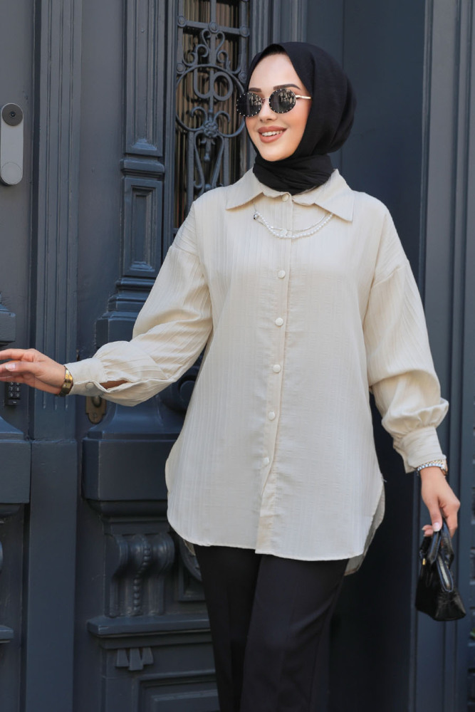Çizgili Bej Tesettür Tunik 11905BEJ - 3