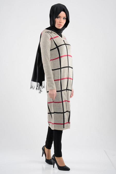 Çizgili Bej Triko Tesettür Tunik 3326BEJ - 2