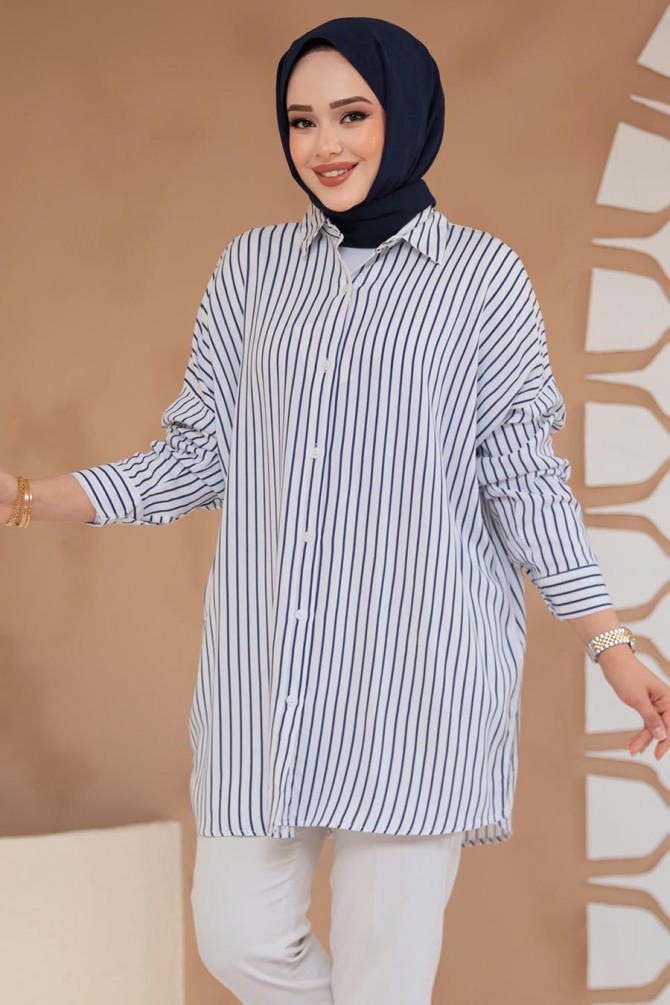 Çizgili Beyaz Tesettür Tunik 20417B - 2