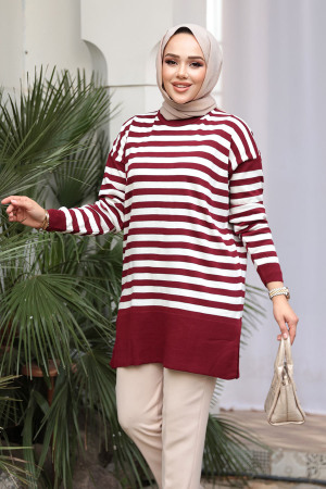 Çizgili Bordo Tesettür Triko Kazak Tunik 28121BR - 2