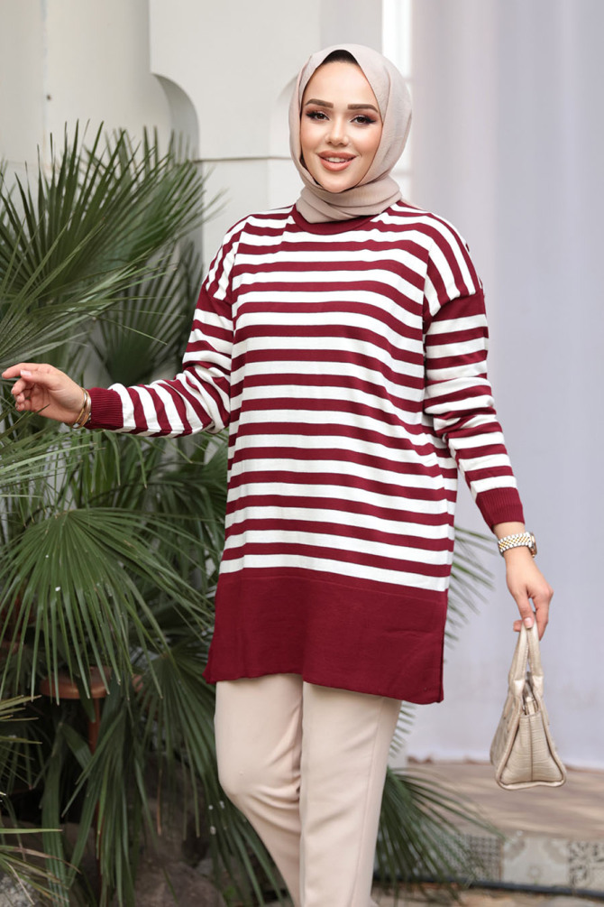 Çizgili Bordo Tesettür Triko Kazak Tunik 28121BR - 2