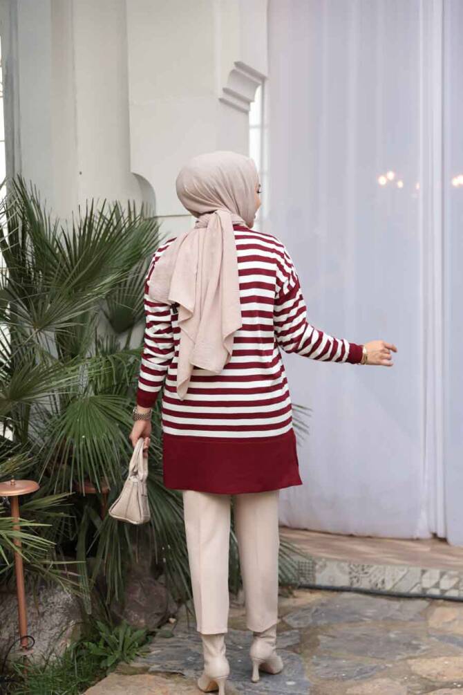 Çizgili Bordo Tesettür Triko Kazak Tunik 28121BR - 3