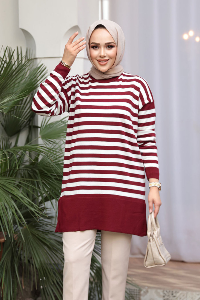 Çizgili Bordo Tesettür Triko Kazak Tunik 28121BR - N.S NEVA STYLE