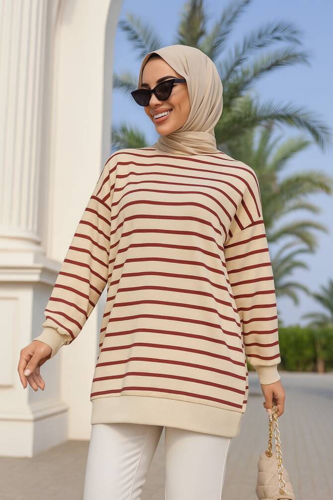 Çizgili Bordo Tesettür Tunik 30175BR - 1