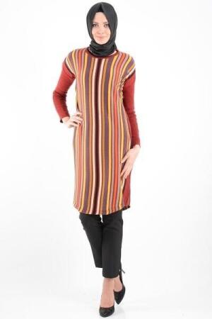 Çizgili Bordo Triko Tesettür Tunik 3647BR - 1