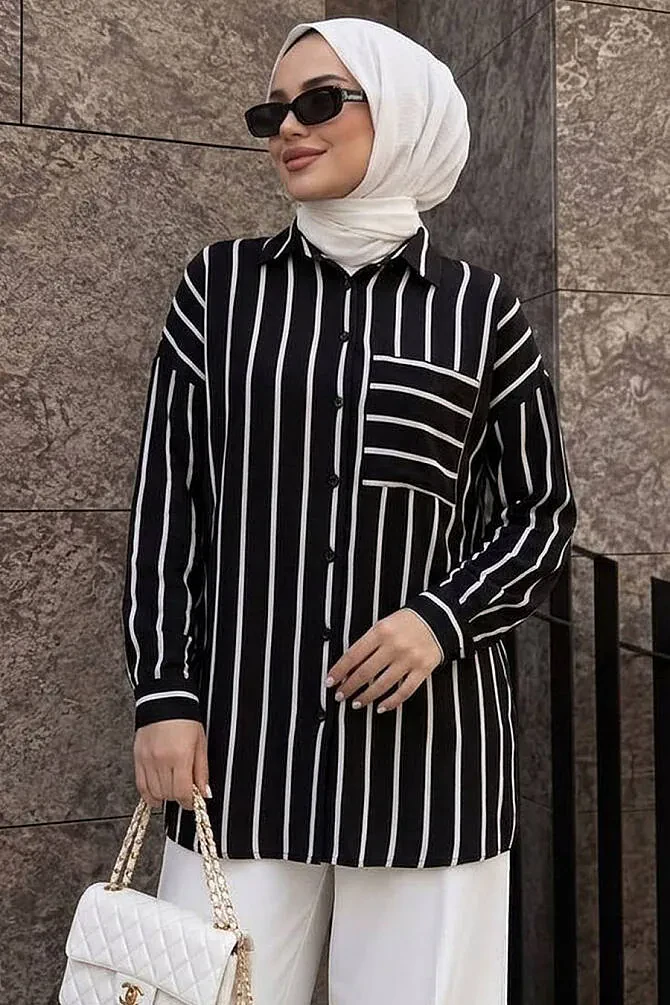 Çizgili Cepli Siyah Tesettür Gömlek 52112S - 1