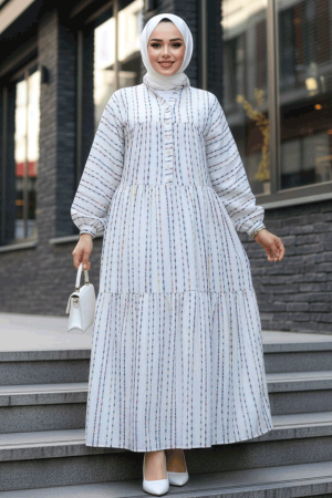 Çizgili Ekru Tesettür Elbise 103016E 