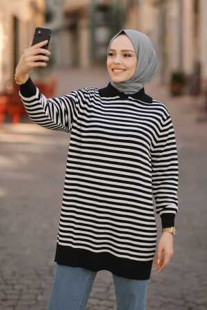 Çizgili Ekru Tesettür Triko Kazak Tunik 65904E - NEVA STYLE