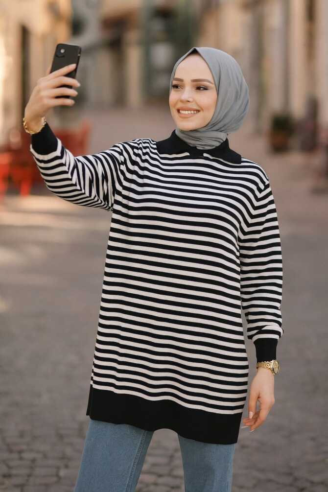 Çizgili Ekru Tesettür Triko Kazak Tunik 65904E - NEVA STYLE