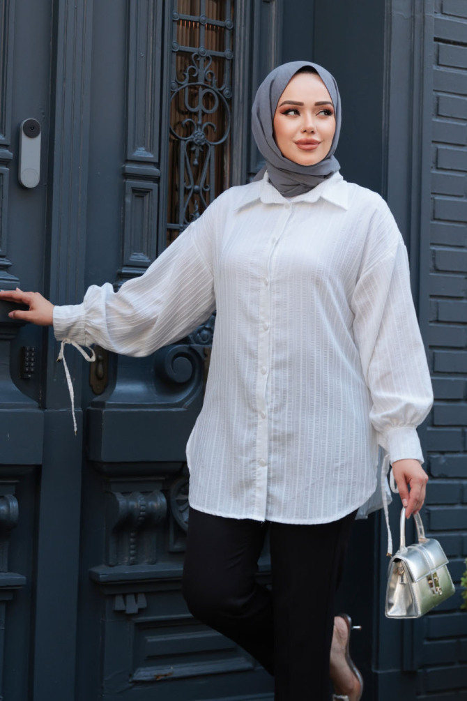 Çizgili Ekru Tesettür Tunik 101016E - 1