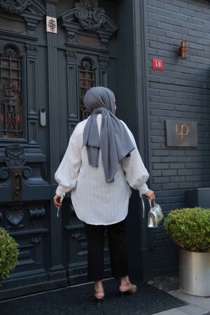 Çizgili Ekru Tesettür Tunik 101016E - 4