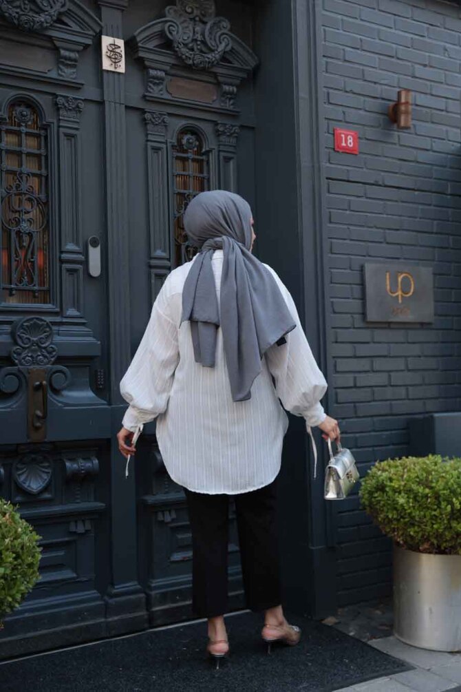 Çizgili Ekru Tesettür Tunik 101016E - 4