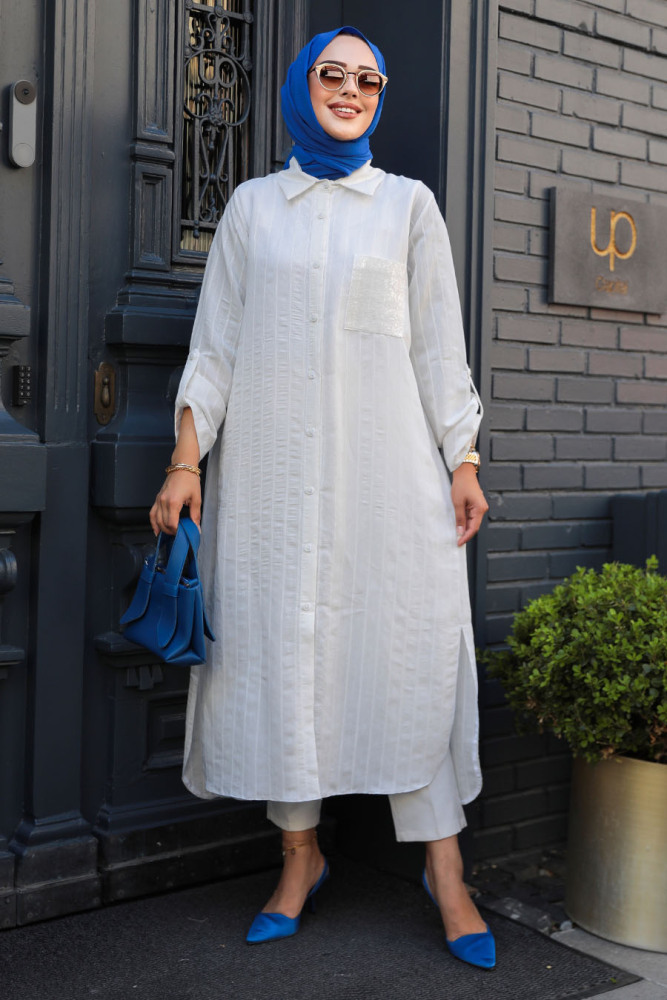 Çizgili Ekru Tesettür Tunik 10521E - NEVA STYLE