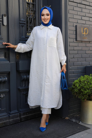 Çizgili Ekru Tesettür Tunik 10521E - 2