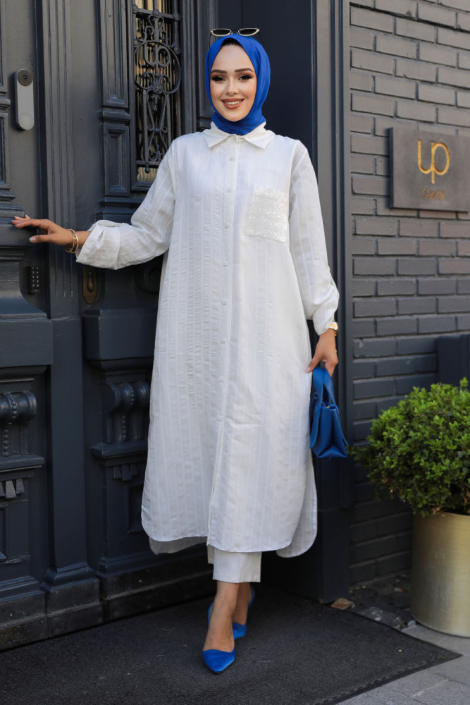 Çizgili Ekru Tesettür Tunik 10521E - 2