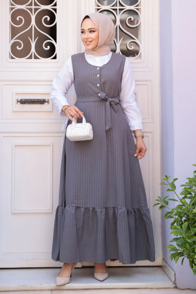 Çizgili Füme Tesettür Jile Elbise 70501FU - 2