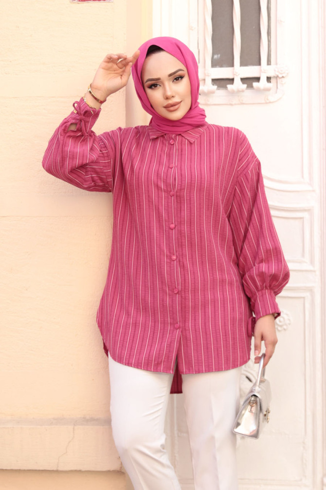Çizgili Fuşya Tesettür Tunik 101016F - NEVA STYLE
