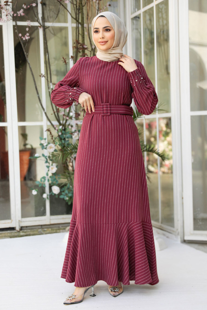 Çizgili Gül Kurusu Tesettür Elbise 51911GK - 2