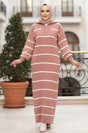 Çizgili Gül Kurusu Tesettür Triko Elbise 17206GK 