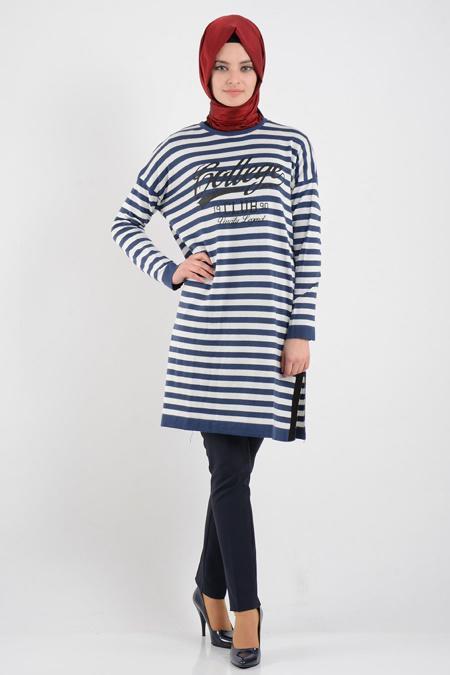 Çizgili Lacivert Tesettür Tunik 3577L - 2