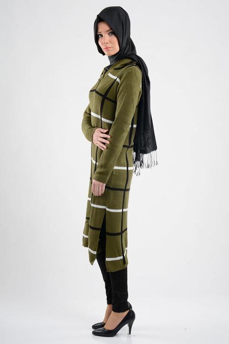 Çizgili Haki Triko Tesettür Tunik 3326HK - 2