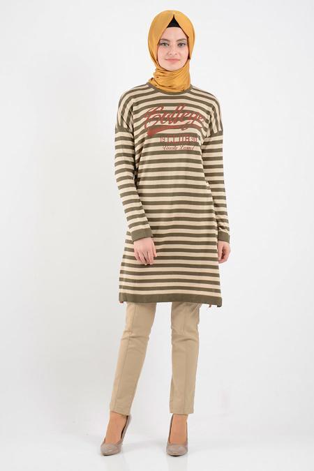 Çizgili Haki Triko Tesettür Tunik 3577HK - 2