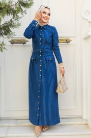 Çizgili İndigo Mavisi Tesettür Elbise 23051IM - Thumbnail