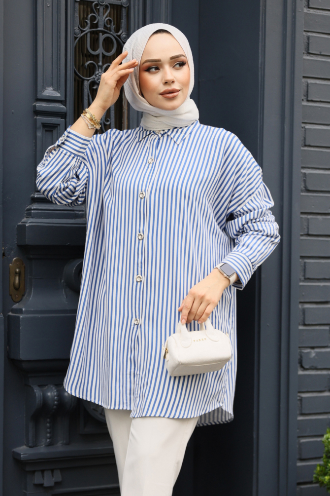 Çizgili İndigo Mavisi Tesettür Tunik 20411IM - NEVA STYLE