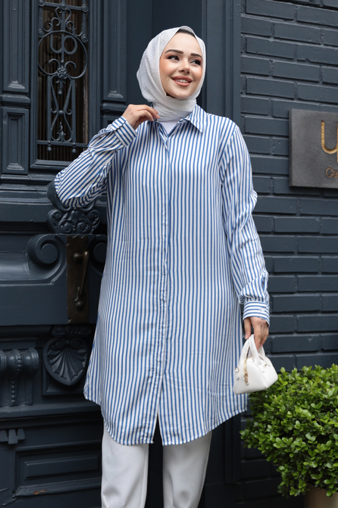 Çizgili İndigo Mavisi Tesettür Viskon Tunik 11741IM - 2