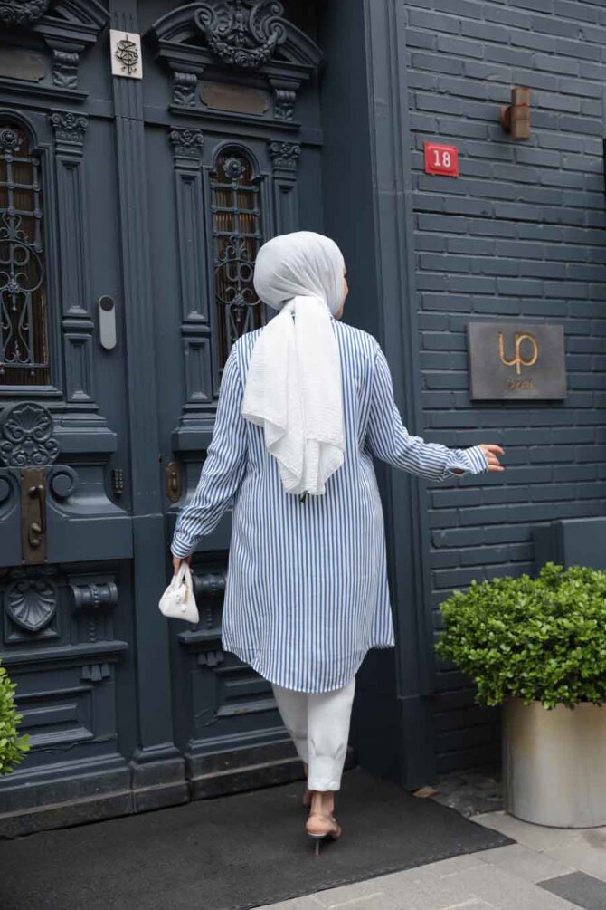 Çizgili İndigo Mavisi Tesettür Viskon Tunik 11741IM - 3
