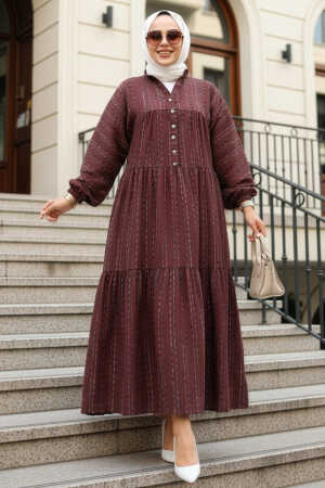 Çizgili Kahverengi Tesettür Elbise 103016KH 