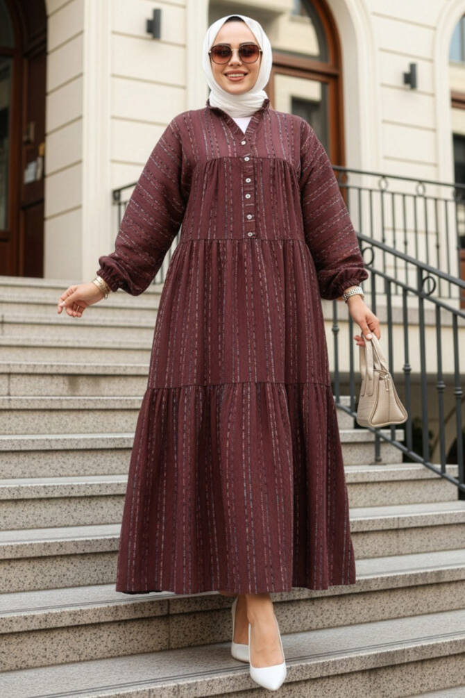 Çizgili Kahverengi Tesettür Elbise 103016KH - N.S NEVA STYLE