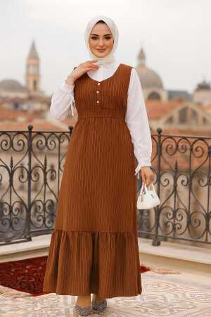 Çizgili Kahverengi Tesettür Jile Elbise 70501KH - 1