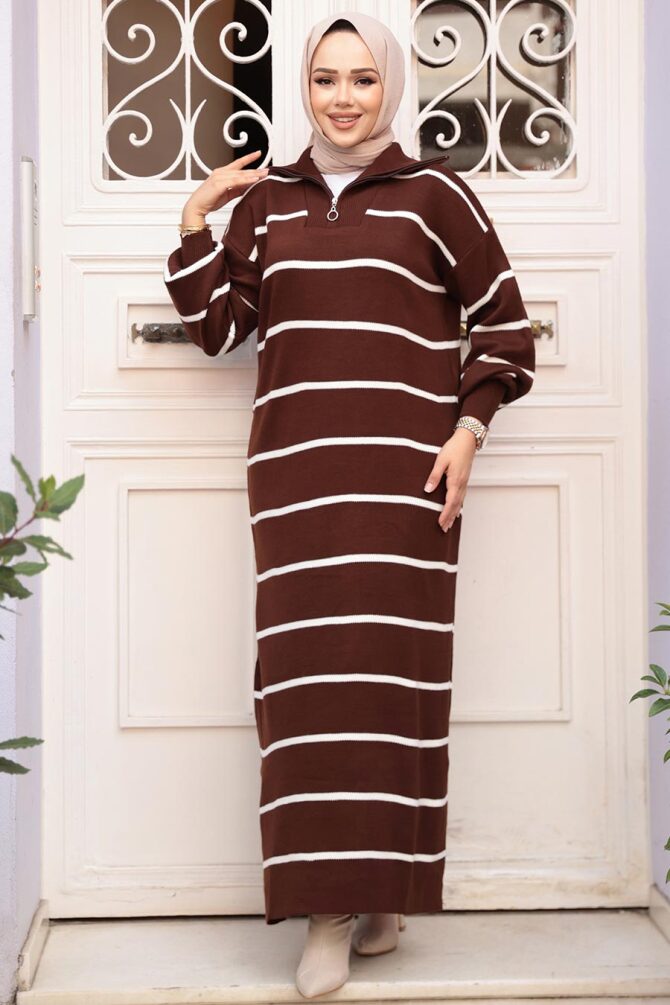 Çizgili Kahverengi Tesettür Triko Elbise 17206KH - N.S NEVA STYLE