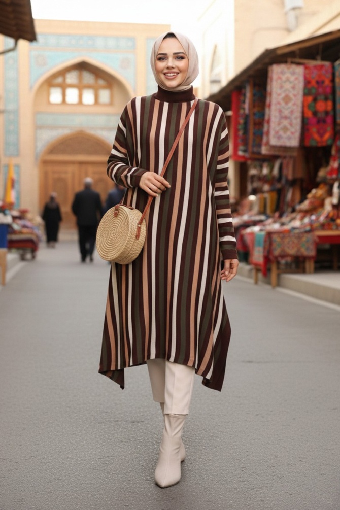 Çizgili Kahverengi Tesettür Triko Panço Tunik 56751KH - N.S NEVA STYLE