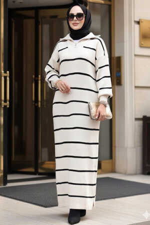 Çizgili Krem Tesettür Triko Elbise 17206KR - N.S NEVA STYLE