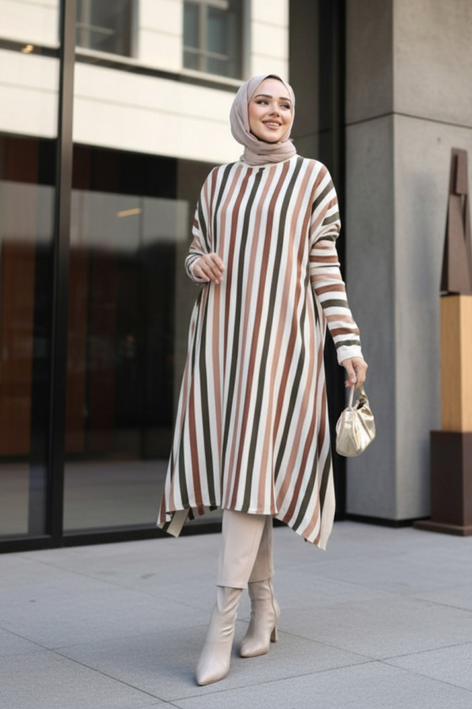 Çizgili Krem Tesettür Triko Panço Tunik 56751KR - N.S NEVA STYLE