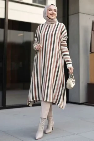 Çizgili Krem Tesettür Triko Panço Tunik 56751KR - 1