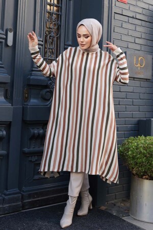 Çizgili Krem Tesettür Triko Panço Tunik 56751KR - 3