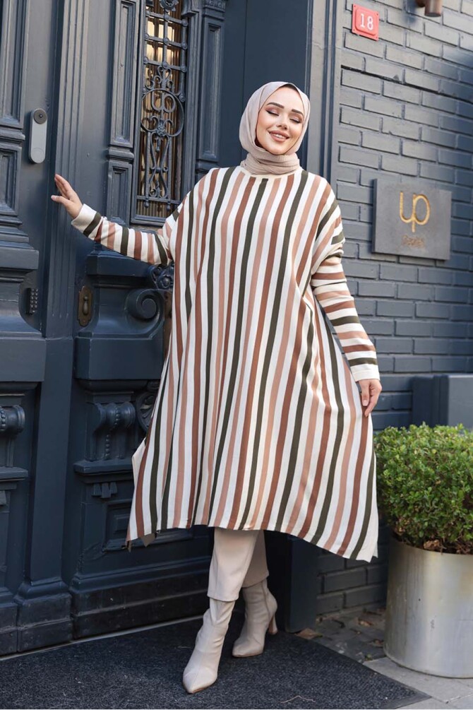 Çizgili Krem Tesettür Triko Panço Tunik 56751KR - 2