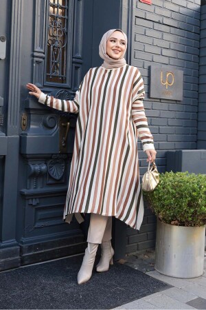 Çizgili Krem Tesettür Triko Panço Tunik 56751KR - 1