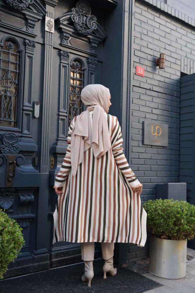 Çizgili Krem Tesettür Triko Panço Tunik 56751KR - 4