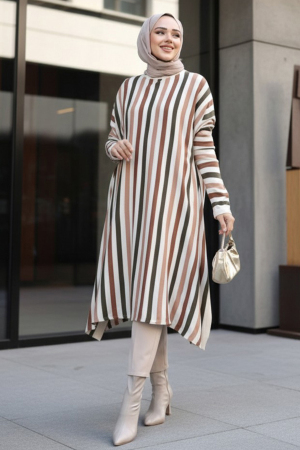 Çizgili Krem Tesettür Triko Panço Tunik 56751KR - N.S NEVA STYLE