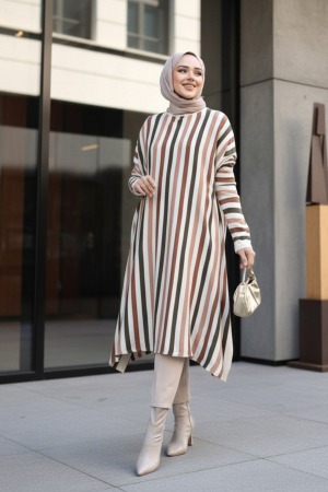 Çizgili Krem Tesettür Triko Panço Tunik 56751KR - N.S NEVA STYLE