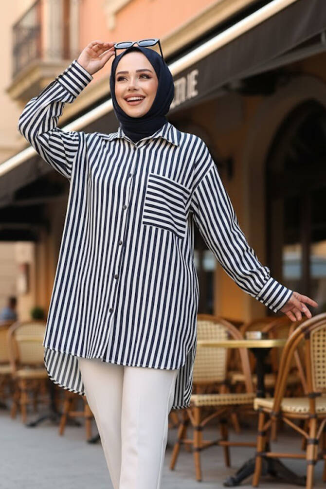Çizgili Lacivert Tesettür Gömlek 10469L - NEVA STYLE