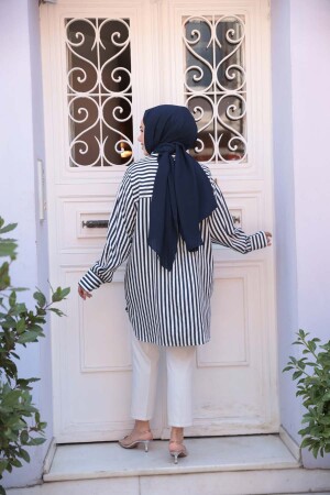 Çizgili Lacivert Tesettür Gömlek 10469L - 4